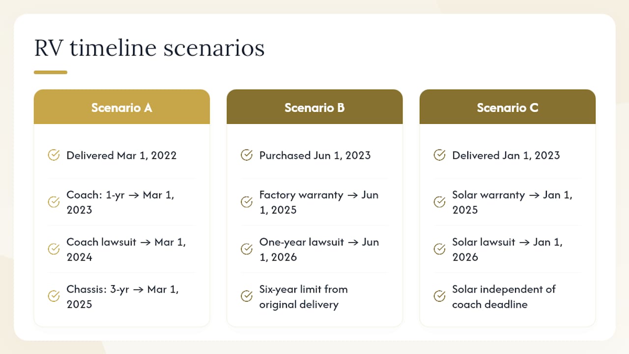 Timelines of RV lemon law scenarios for purchase and warranty dates