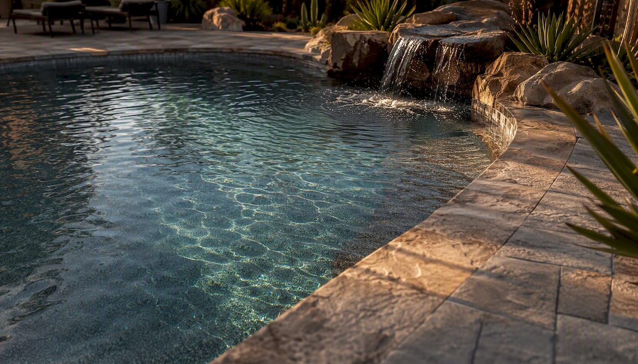 Pebble finish pool with paver decking and water feature