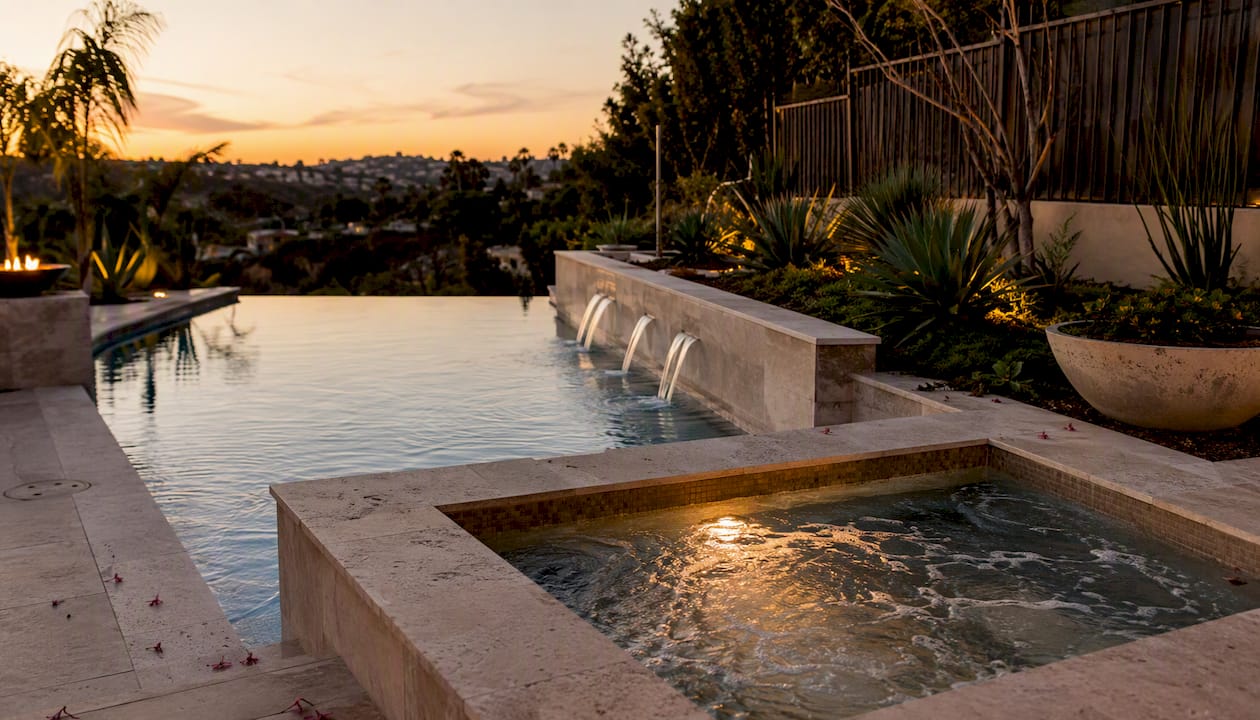 Luxury infinity pool with spa and water features