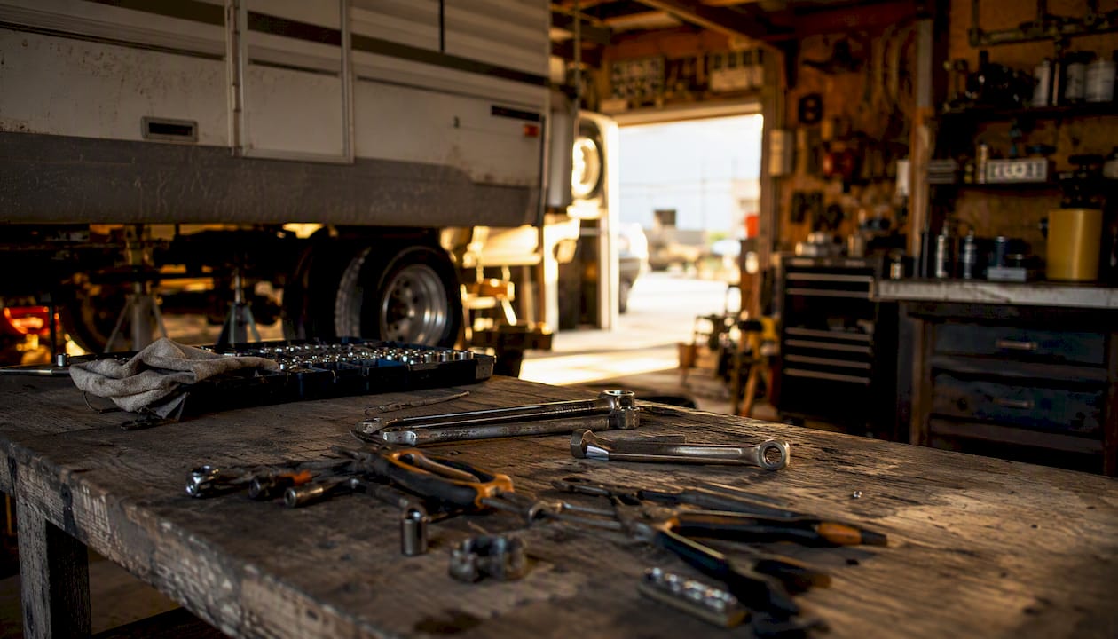 Repair tools on workbench in RV shop