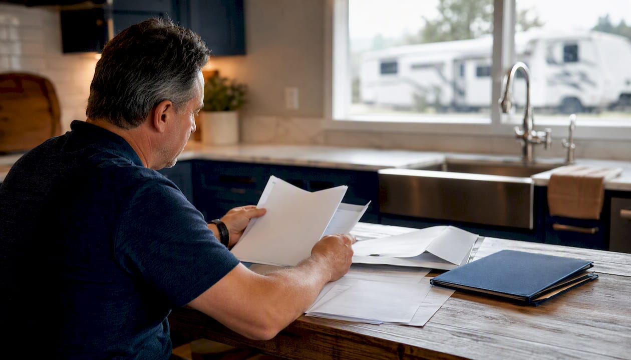 Hands sorting RV repair documents at table