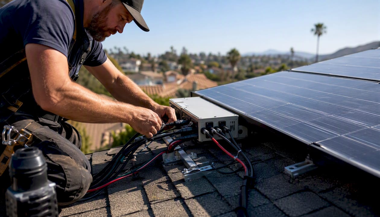 Installer wiring battery-ready solar equipment on roof
