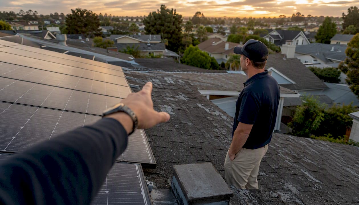 Hand pointing at solar panels on rooftop