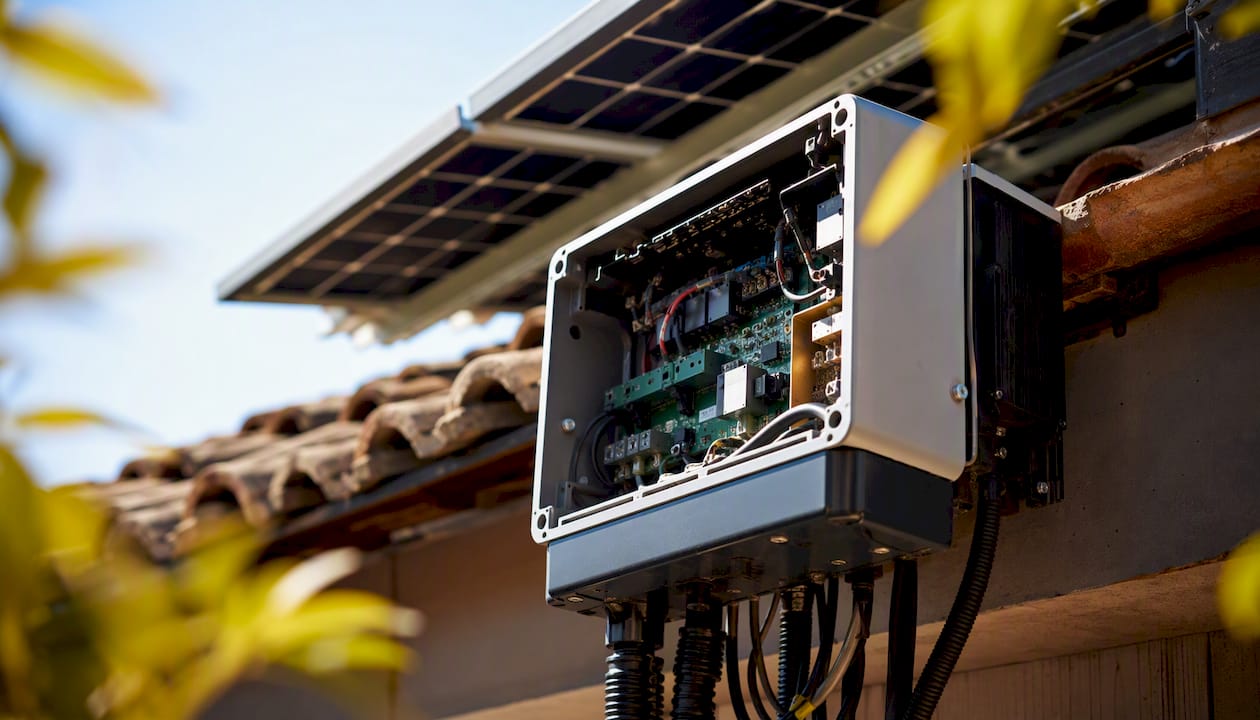Close-up of solar panel inverter box open on roof