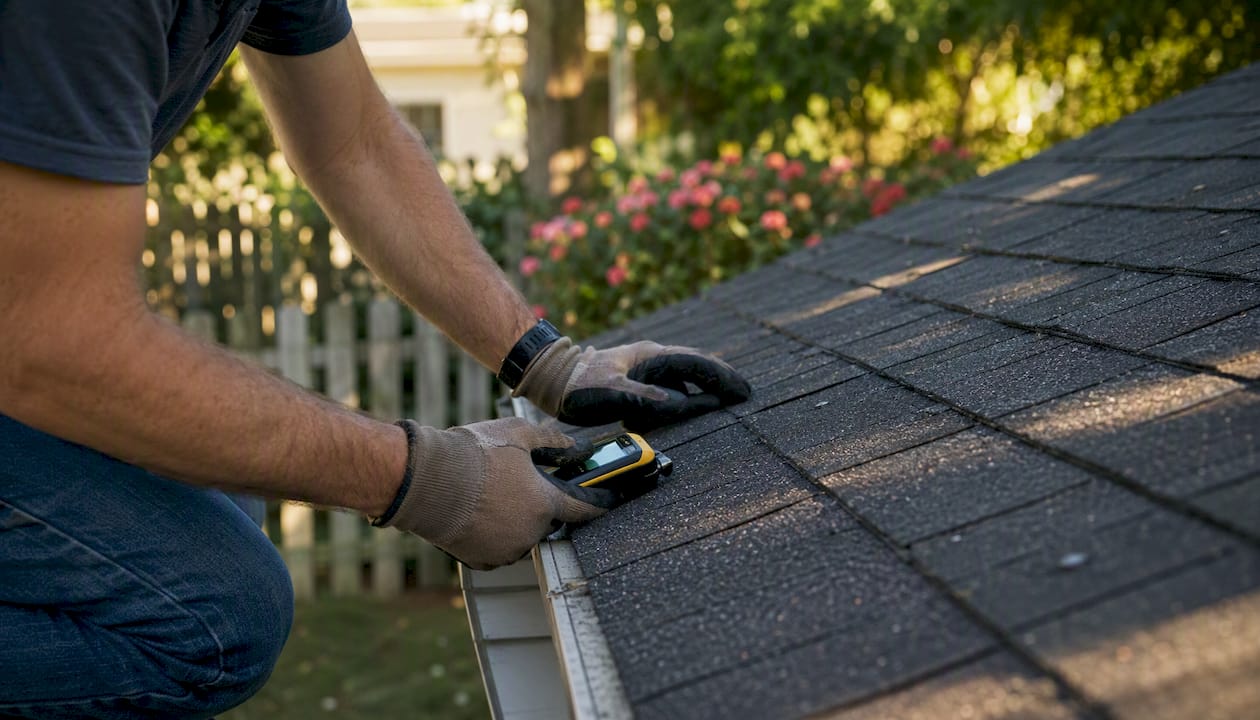 Inspector checking roof fasteners on home