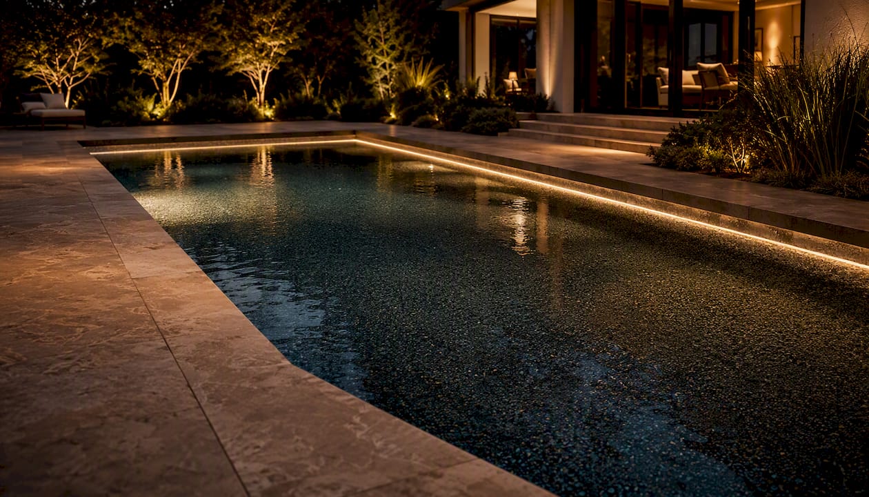 Small pool with dark pebble finish and LED lighting