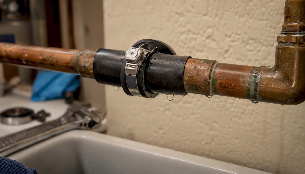 Rubber patch and clamp on leaking copper pipe