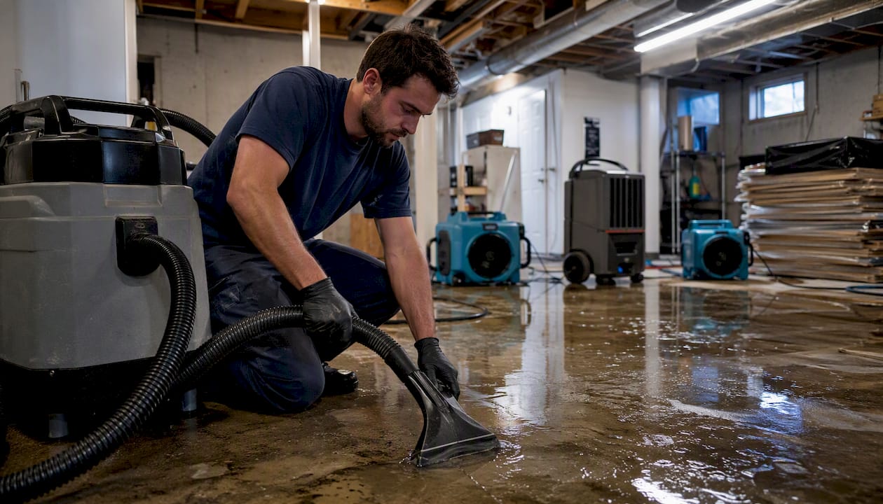 Water extraction vacuum removing flood water in basement
