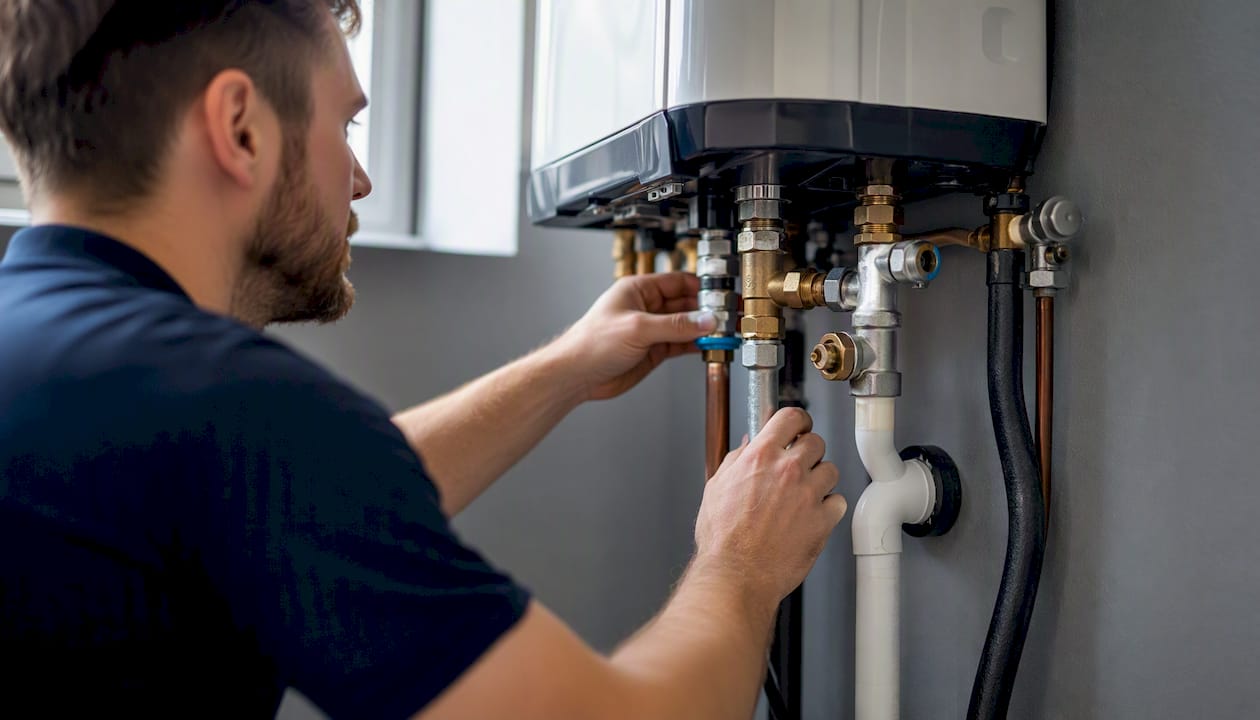 Hands inspecting tankless water heater plumbing fittings