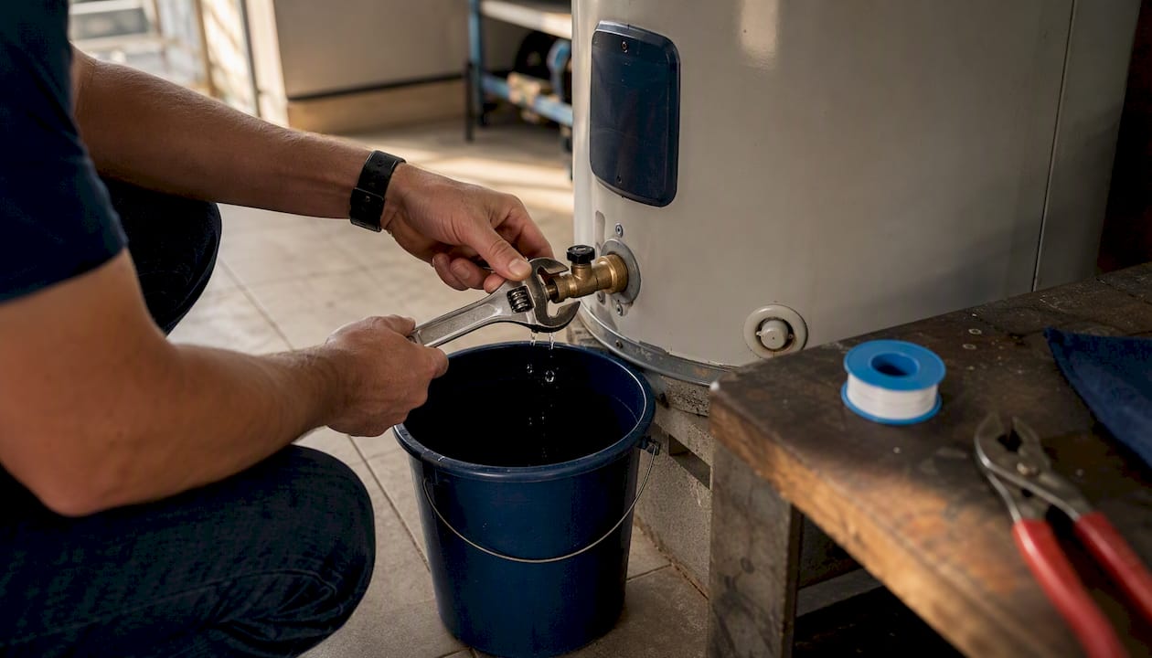 Hands tightening water heater drain valve with wrench