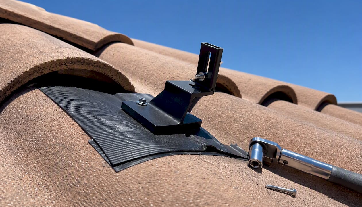 Close-up of flashed mount on composition shingle roof
