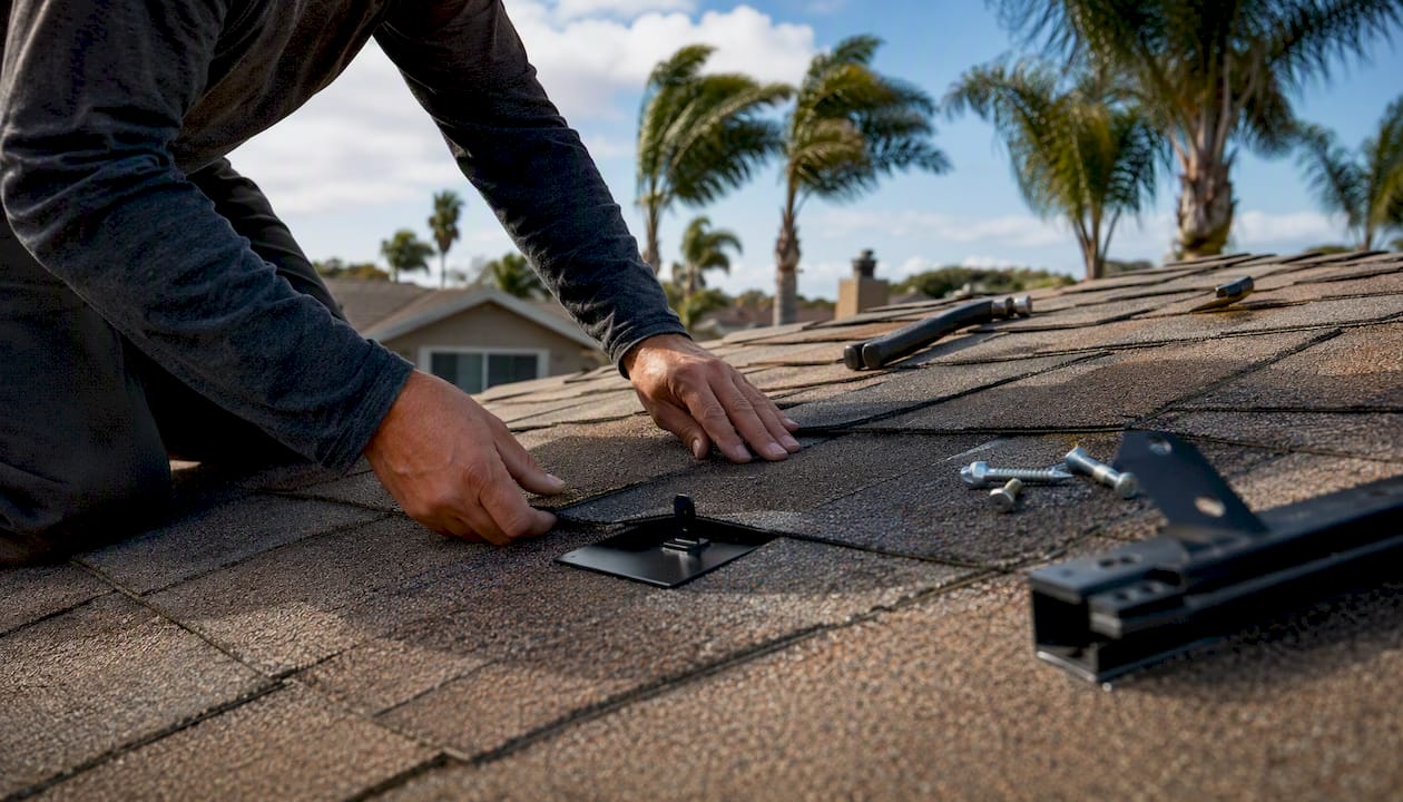 Hands installing flashing under composition shingles on roof