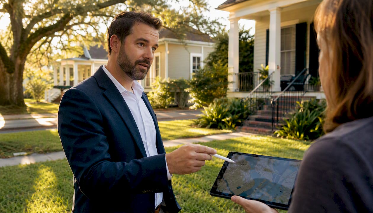 Insurance agent pointing at flood map outdoors