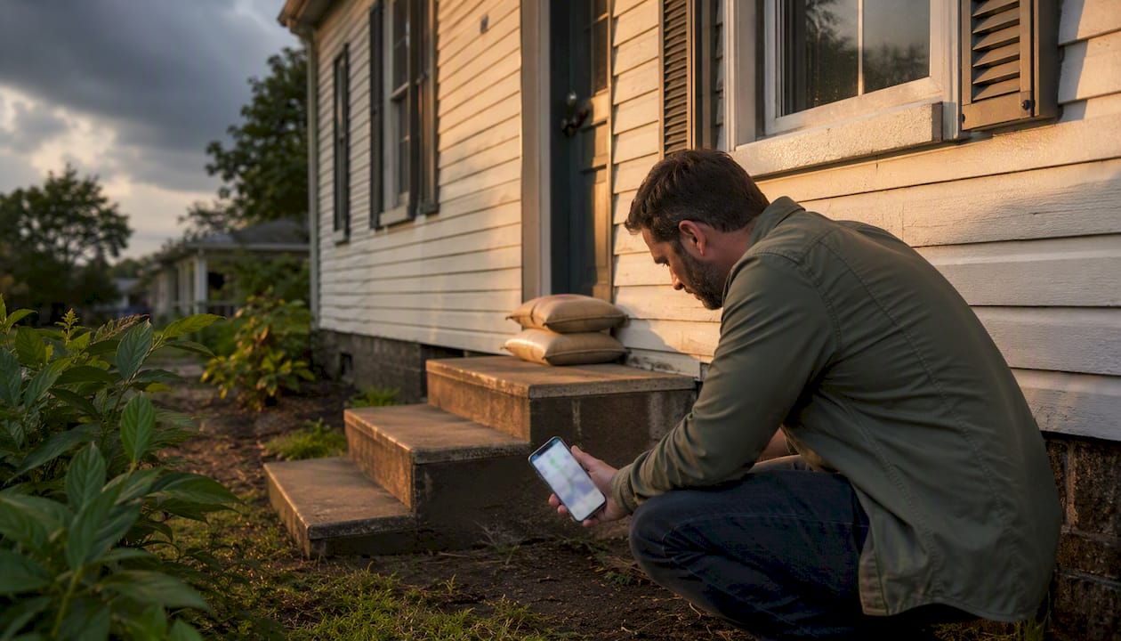 Louisiana home with flood sandbags and homeowner