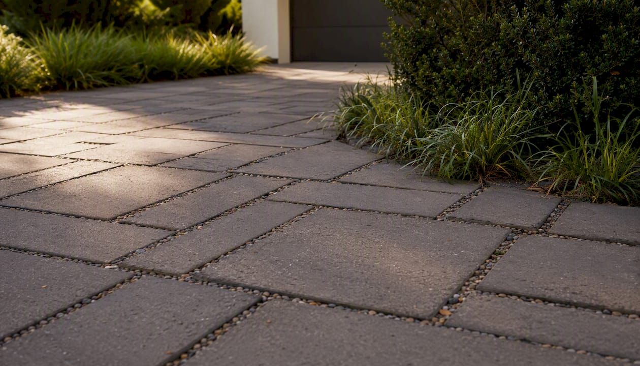 Patterned permeable concrete paver driveway surface