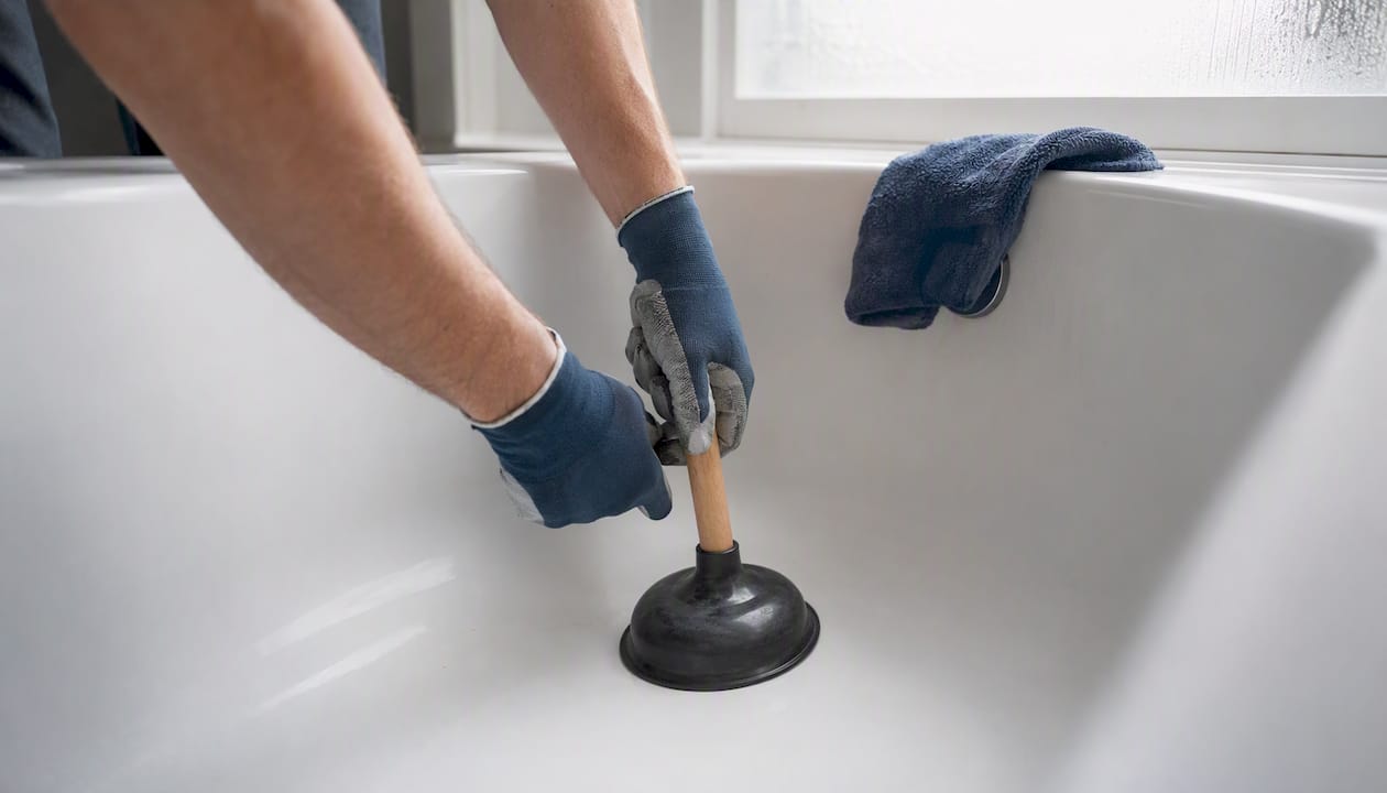 Hands using plunger on bathtub drain with sealed overflow