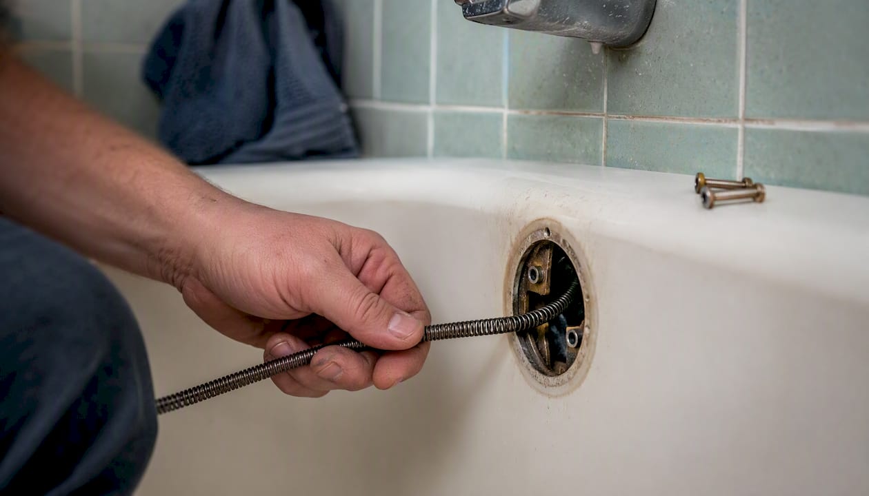 Hand inserting drain snake into bathtub overflow opening