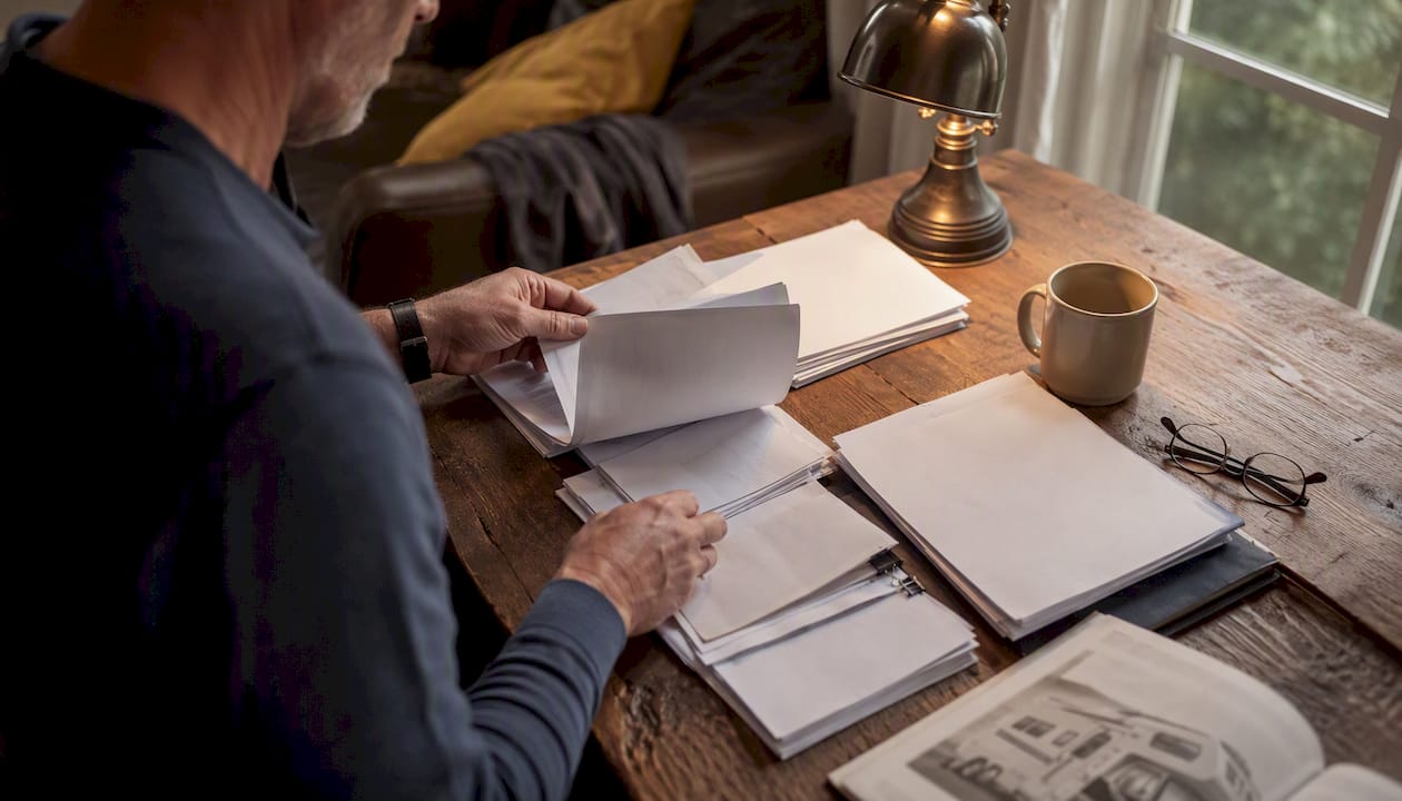 Hands organizing RV repair documents on desk
