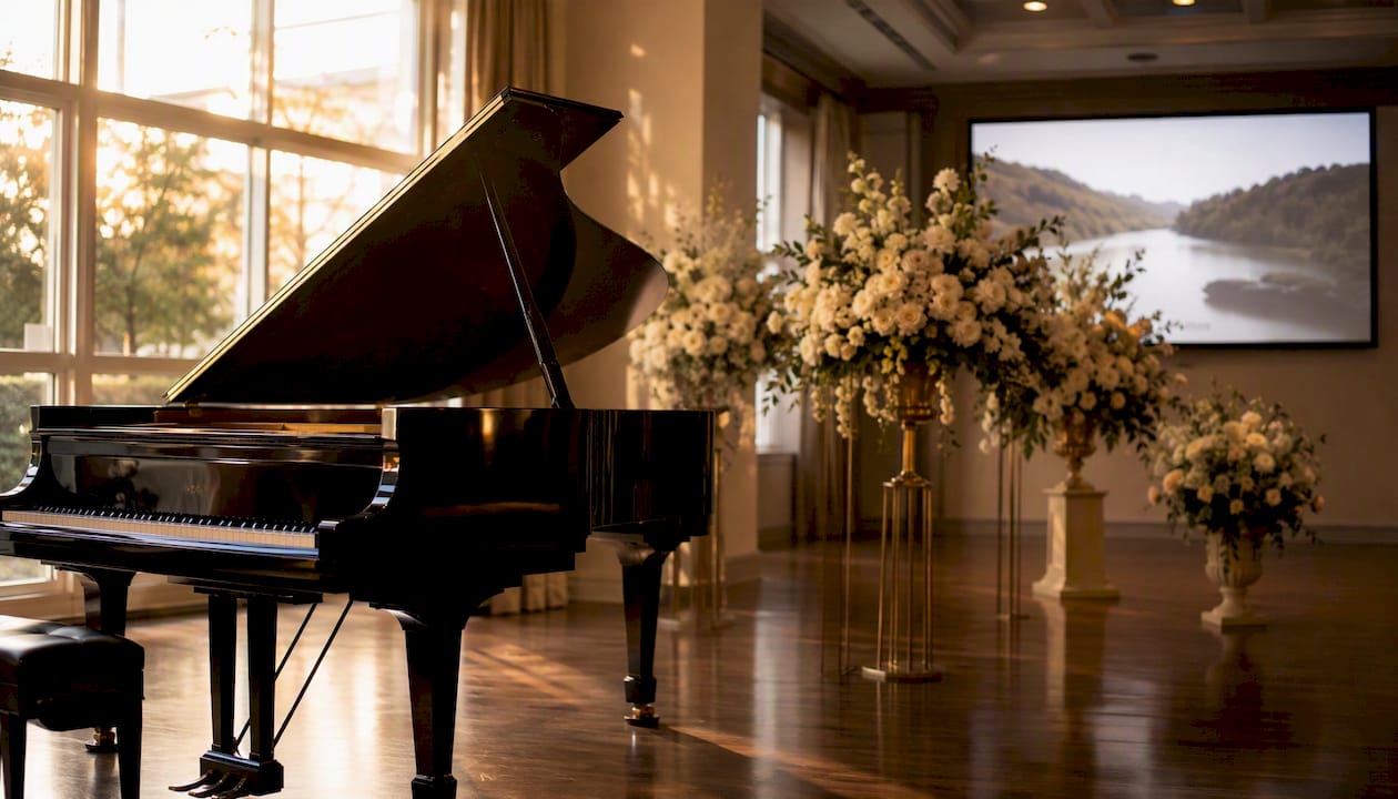 Memorial music area with floral arrangements