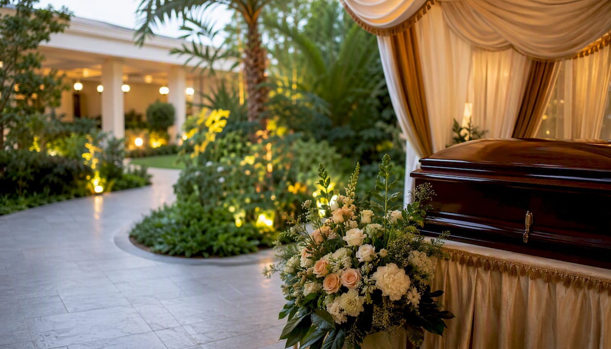 Funeral chapel interior with flowers and casket detail