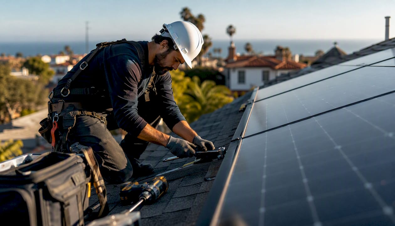 Installer completing residential solar panel mount