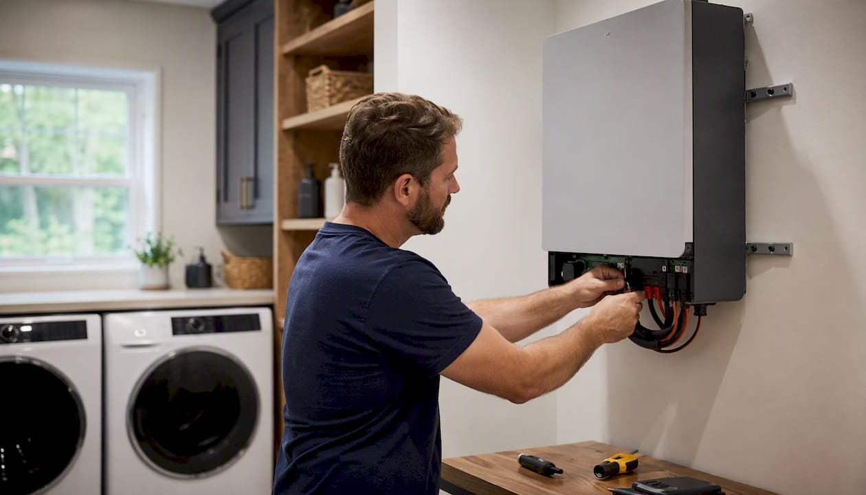 Technician wiring home battery storage unit