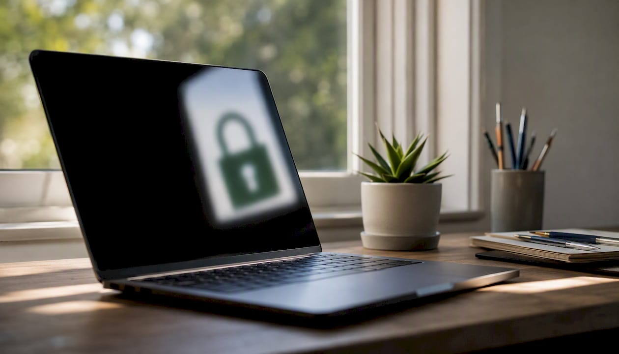 Laptop keyboard with green padlock reflection on screen
