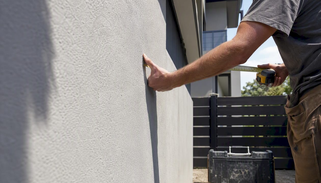 Contractor measuring brick exterior wall