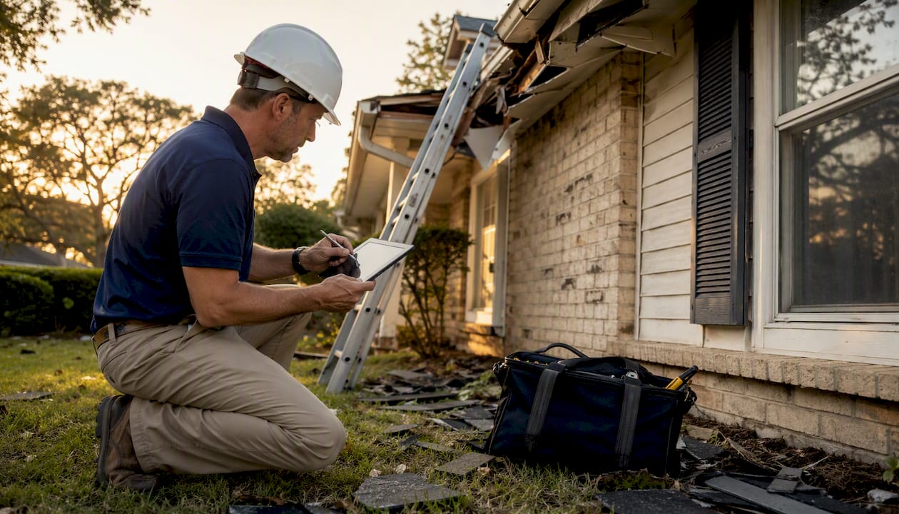 Contractor inspecting storm damage on roof