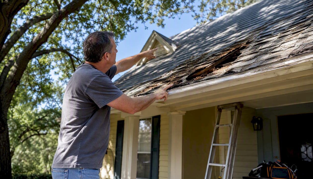 Homeowner inspecting old roof for upgrades
