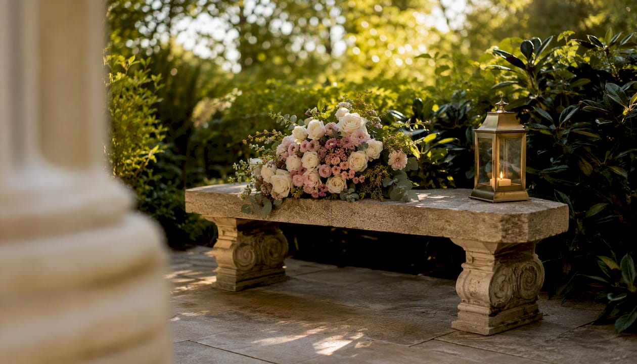 Peaceful funeral home interior with flowers and candle