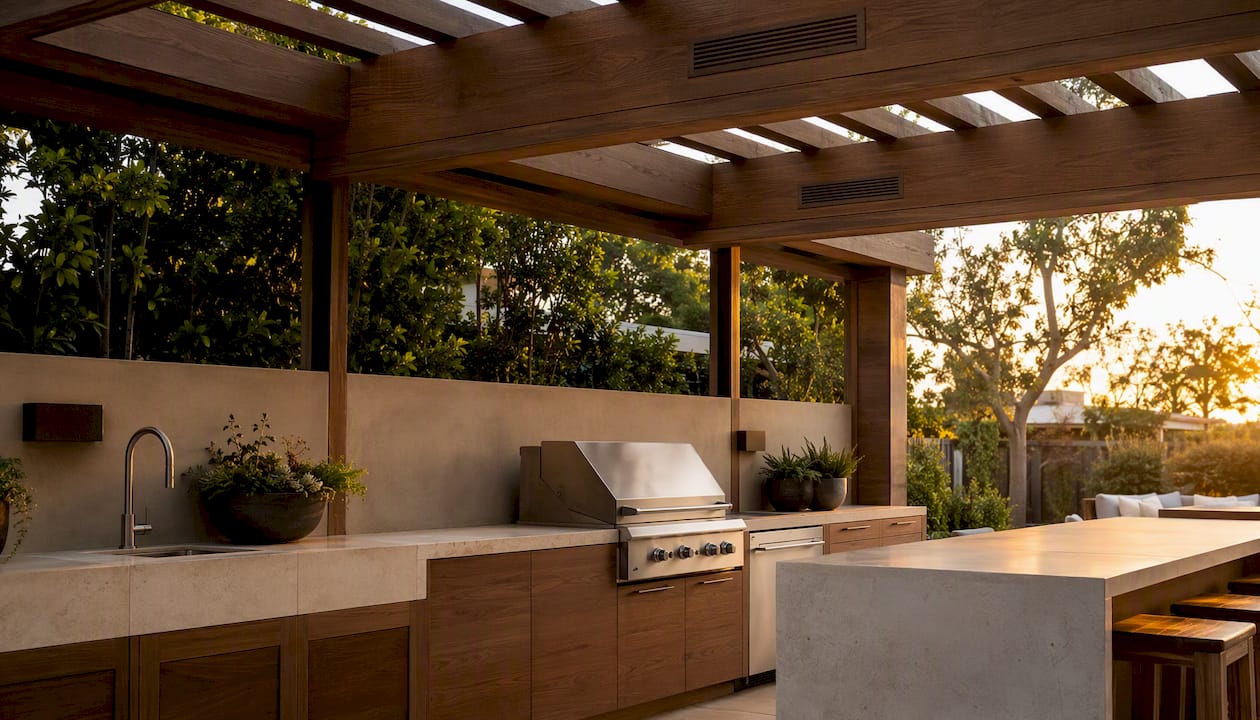 Concealed ductwork in pergola framing