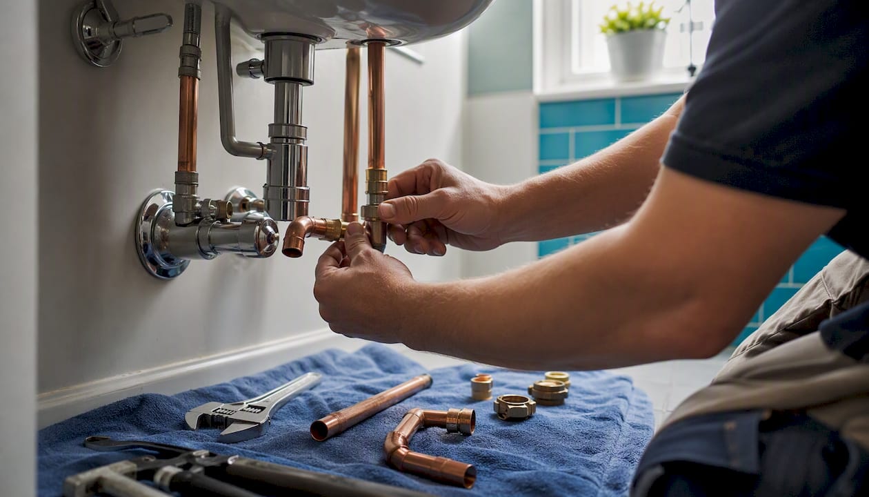 Plumber hands relocating bathroom pipes
