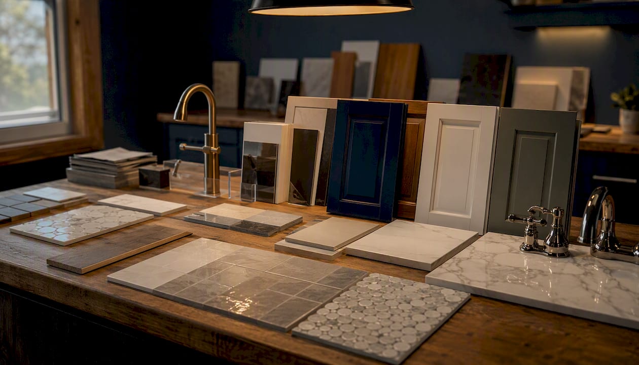 Bathroom remodel tile and fixture samples