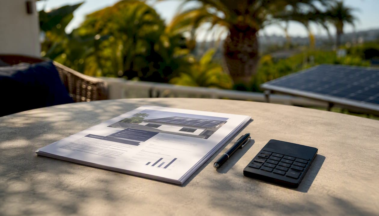 Solar proposal papers on desk with calculator