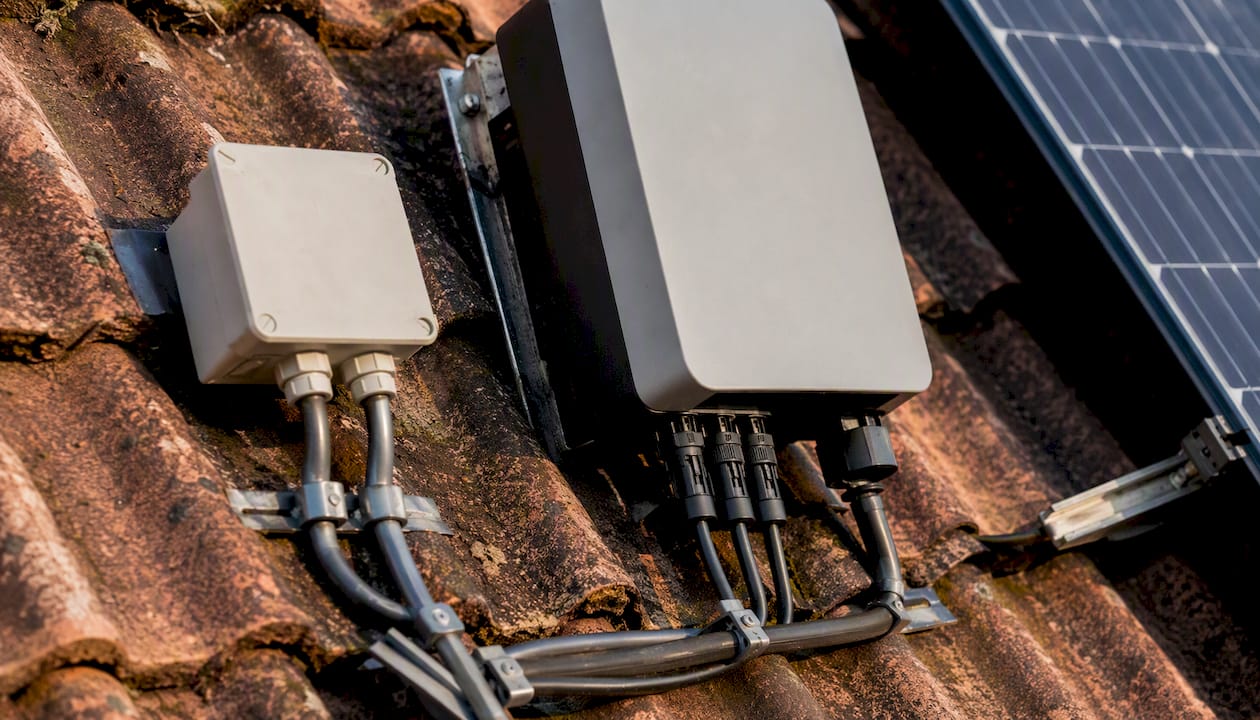 Close-up of solar inverter and roof junction box