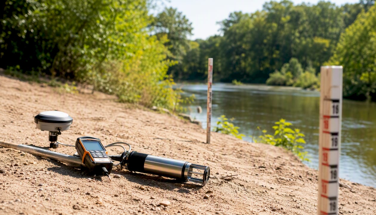 Flood survey equipment along riverside