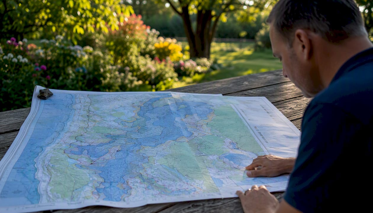 FEMA flood map spread on wooden table