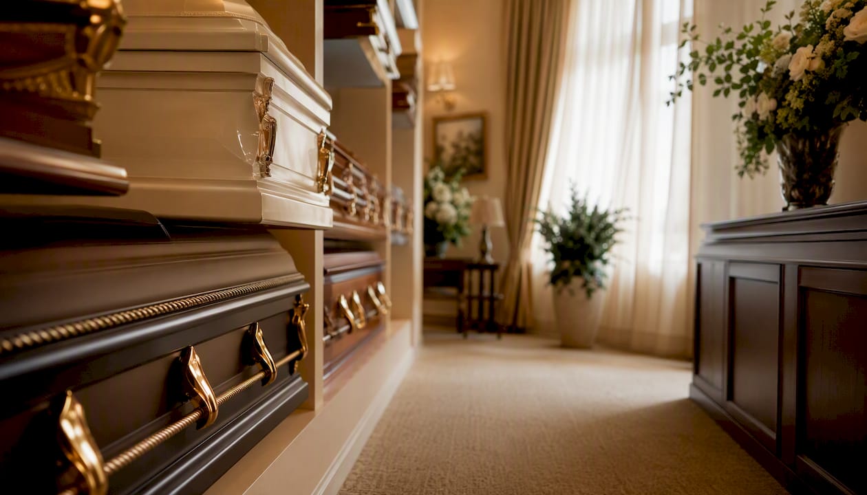 Partial casket display in funeral home showroom