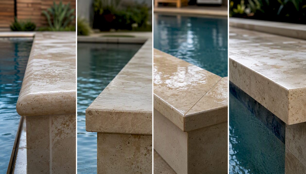 Close-up of different pool coping edge profiles