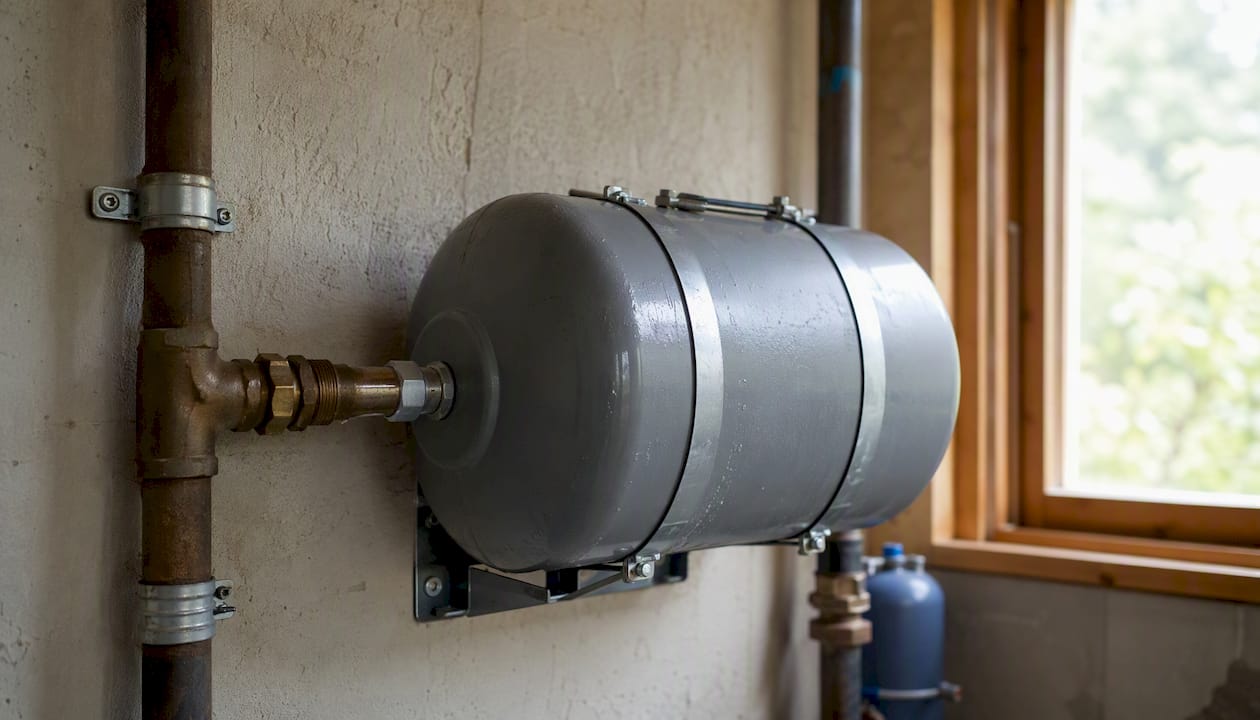 Horizontally mounted water heater expansion tank on piping