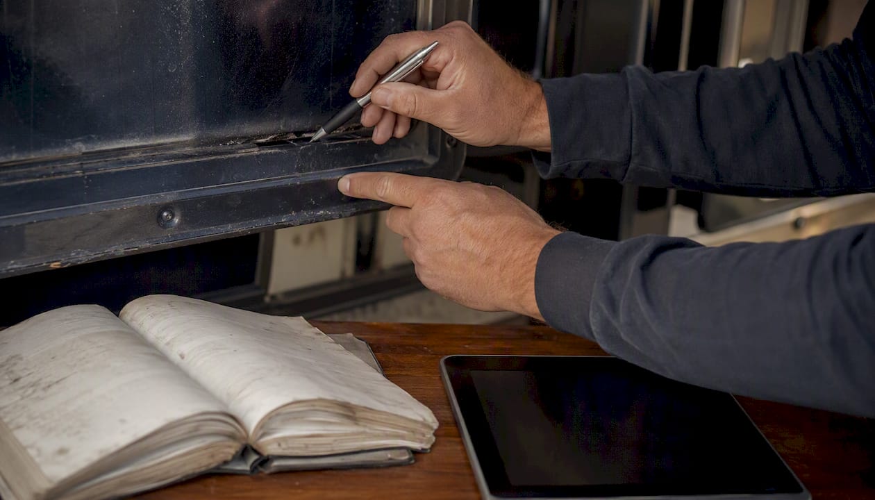 Hands pointing at RV slide-out defect diagram
