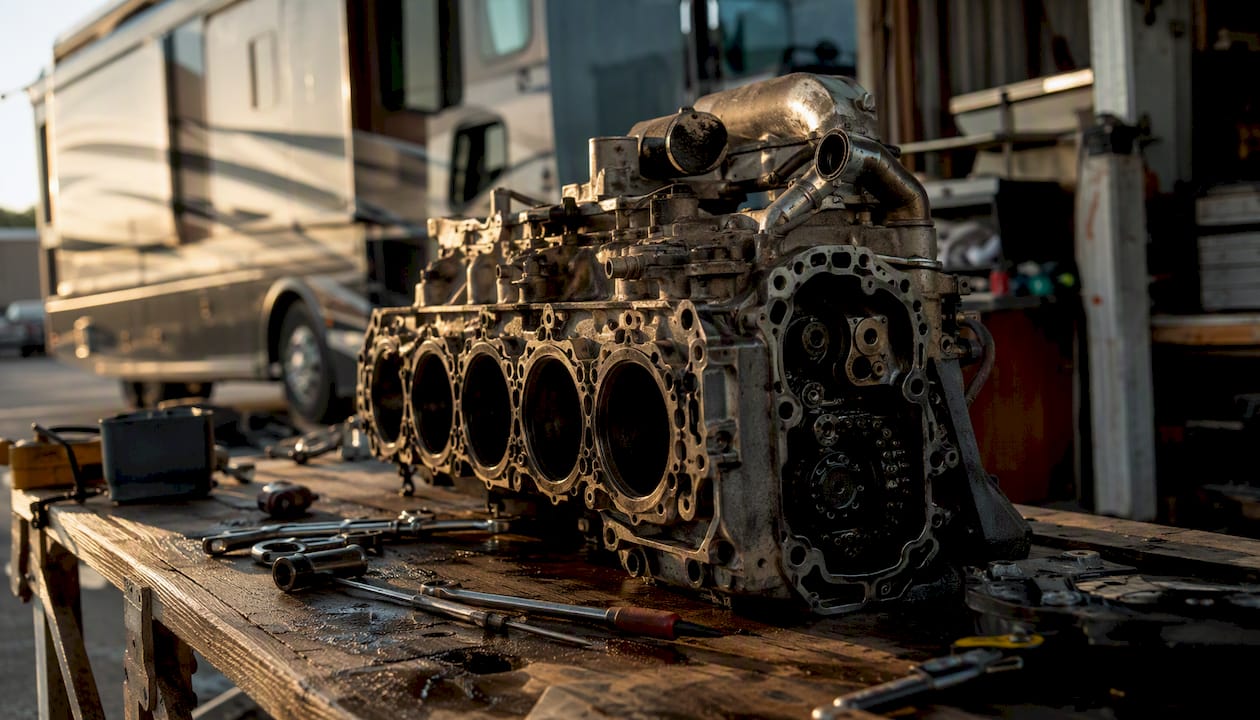 Motorhome engine parts on workbench