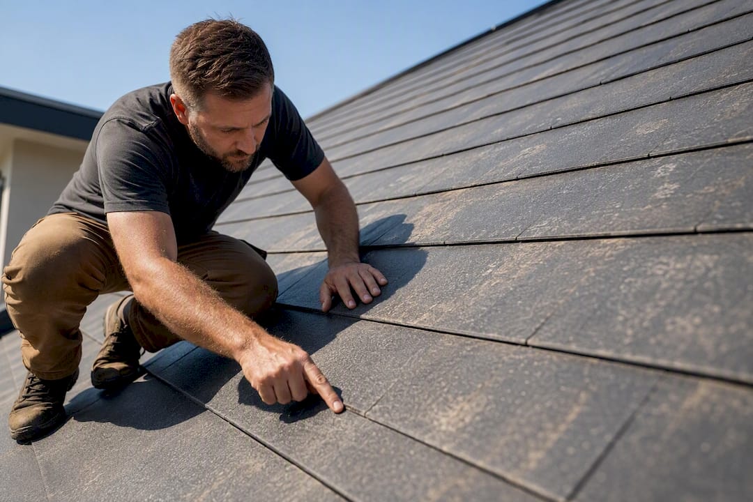 Worker inspecting properly staggered shingles on roof