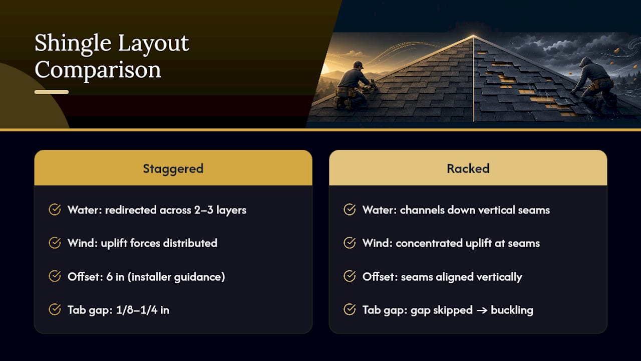 Diagram showing staggered versus racked shingle effects on water and wind