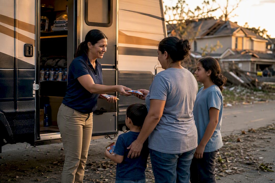 Disaster relief agent handing out water bottles from mobile unit
