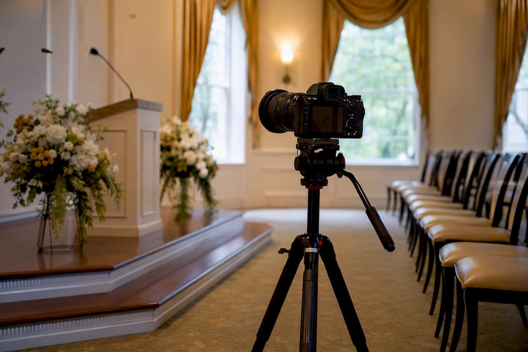 Camera pointed at memorial lectern