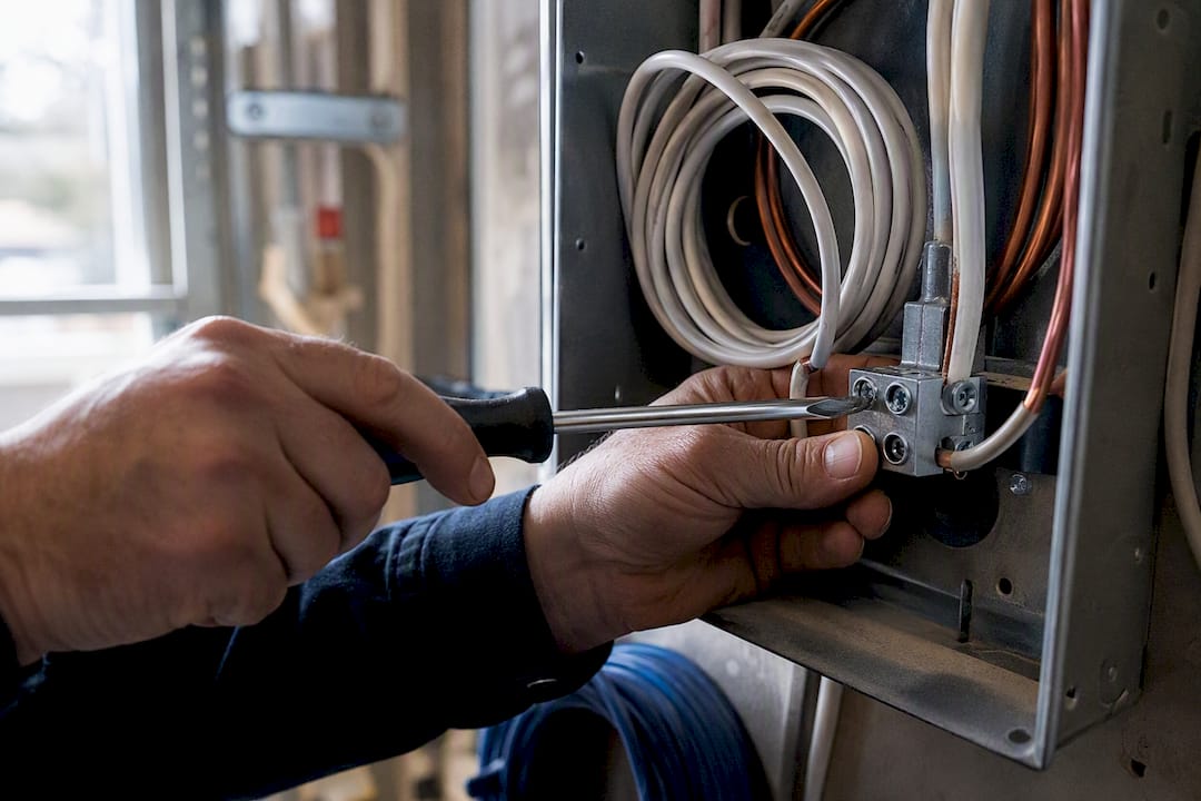 Hands tightening AlumiConn connector screws on wiring