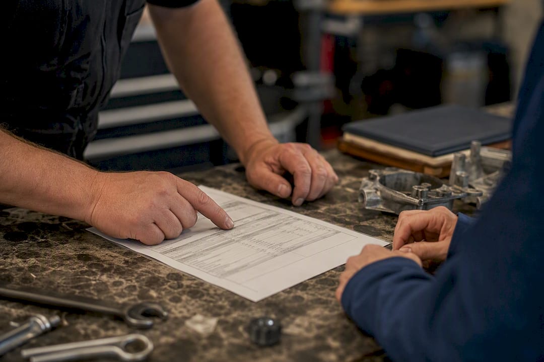 Inspection of detailed repair invoice with tools