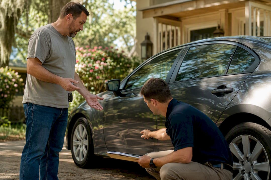 Independent appraiser inspecting vehicle exterior